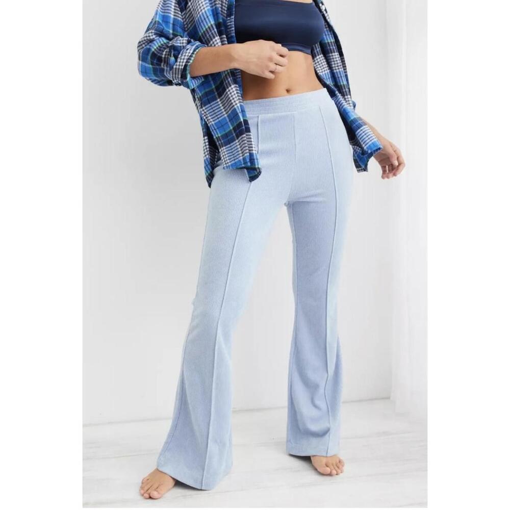 Aerie Groove-on Velour High Waisted Flare Plants, light blue